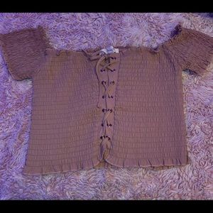 nude pink off the shoulder crop top